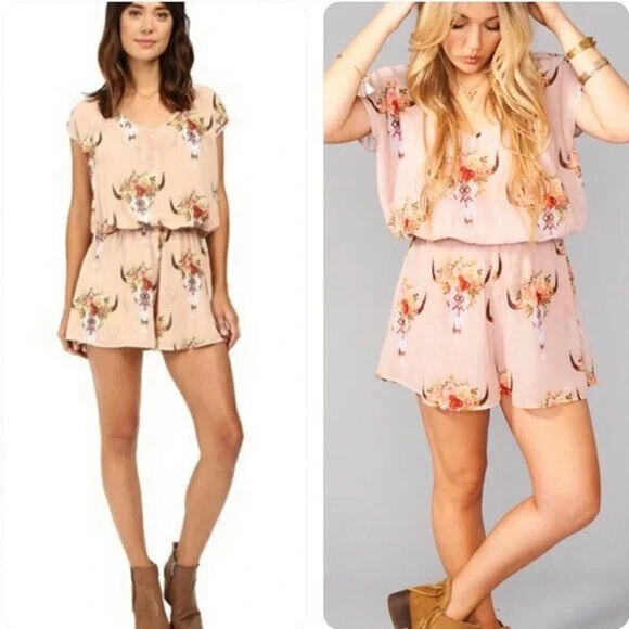 SHOW ME YOUR MUMU Rowdy Romper FRIDA BULL HEAD DESERT ROSE S Floral Scull - Picture 2 of 7
